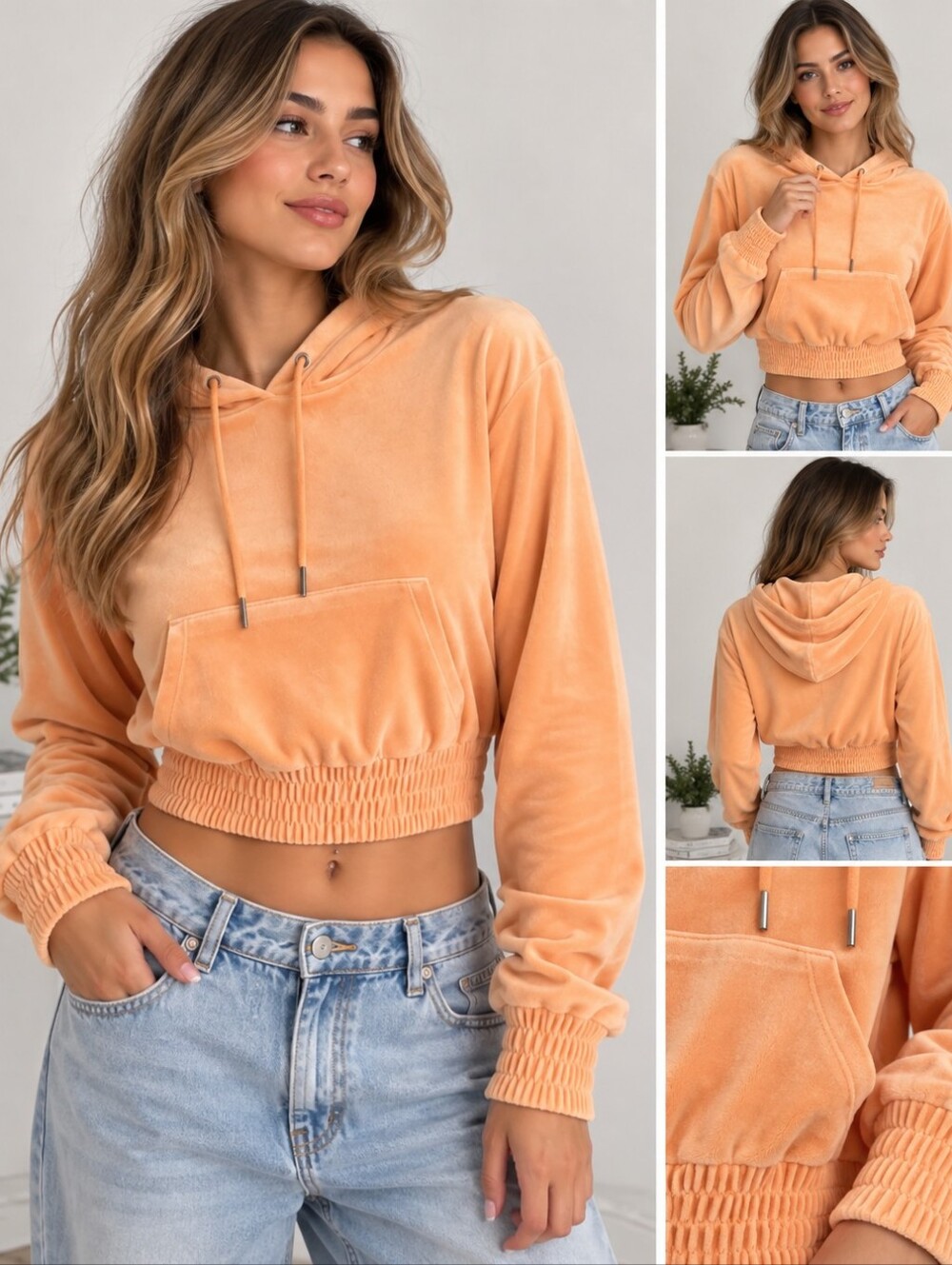 Streetwear Society Peach Velour Cropped Hoodie Y2K